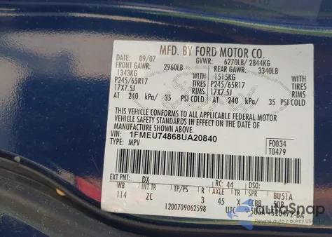 2008 Ford Explorer Eddie Bauer из США, поврежденный, VIN 1FMEU74868UA20840